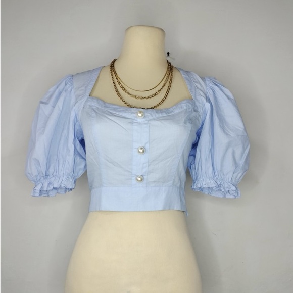 NWT Zara PEARL BUTTON CROP TOP Size XS Blue 7755/485/406 - Picture 8 of 8